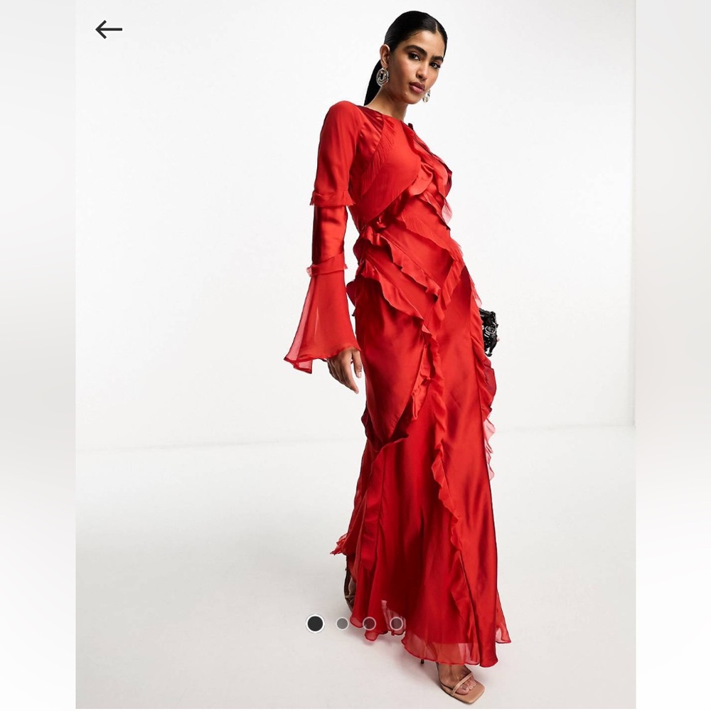 ASOS DESIGN long sleeve ruffle maxi dress in satin and chiffon mix in red